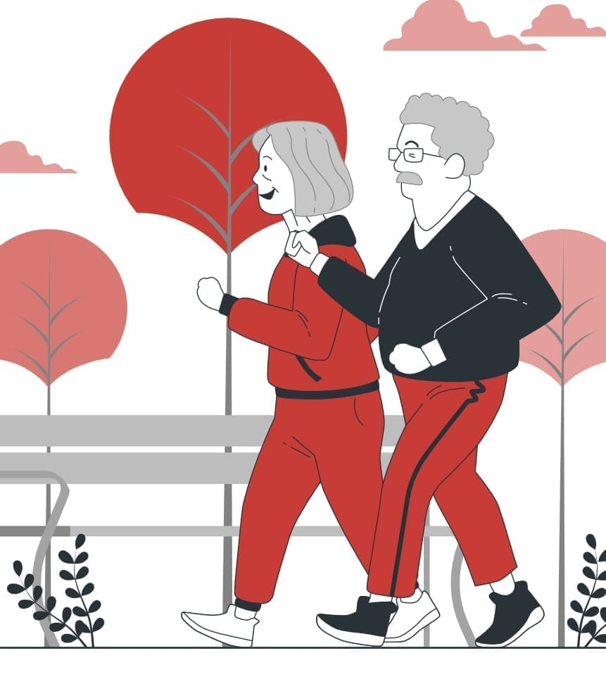 A stylized illustration features a woman and a man walking side by side in a park setting. The woman, dressed in a red tracksuit, has short, wavy hair and is smiling. The man, wearing a black sweater and red pants, has curly gray hair and glasses. They are surrounded by large, red trees and a bench in the background, with some greenery at the bottom. The overall color scheme is a mix of red, gray, and white, creating a cheerful atmosphere.