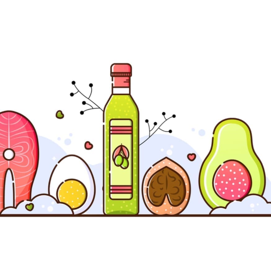 A colorful illustration features a variety of food items arranged in a row. On the left, there is a piece of salmon with a pink hue. Next to it is a white egg with a yellow yolk. In the center, a green bottle of olive oil stands tall, adorned with a label. To the right, there is a brown walnut, partially shelled, followed by a bright green avocado with a pink spot. The background includes soft pastel colors and small decorative elements like hearts and leaves, enhancing the playful theme.