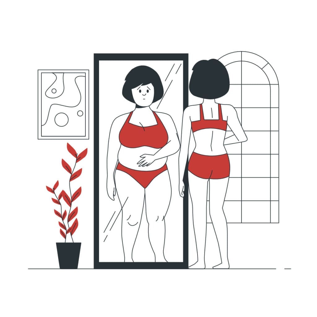 A woman stands in front of a mirror, wearing a red bikini. She has a thoughtful expression as she looks at her reflection, which shows a different body shape than her own. The background features a potted plant and a piece of abstract art on the wall, along with a window with a grid pattern. The overall style is minimalist and illustrated in a simple color palette.