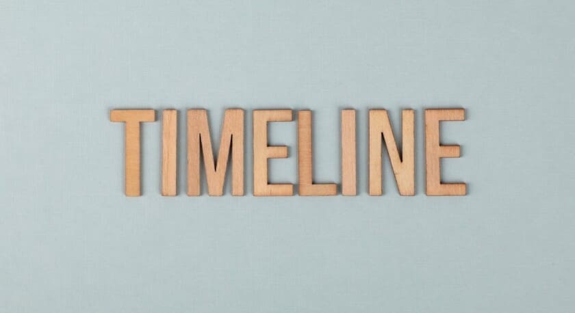 The image features the word "TIMELINE" spelled out in wooden letters. The letters are arranged in a straight line and are set against a soft, light blue background. The wooden texture of the letters contrasts with the smooth fabric-like surface of the background.