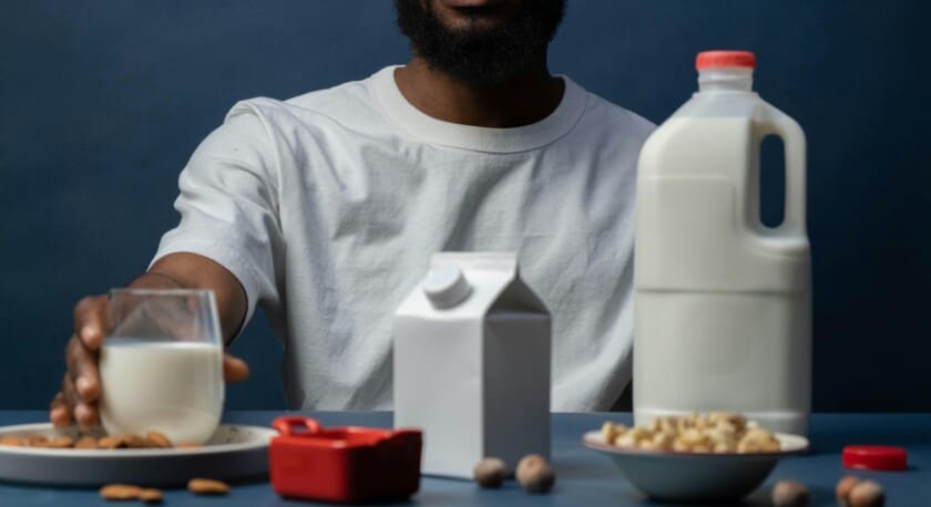 A person in a white shirt is reaching for a glass of milk on a table. Next to the glass, there is a plate with almonds and a small red dish. In the background, there are two containers of milk: a carton and a larger jug. A bowl of popcorn is also present on the table, along with a couple of whole nutmeg seeds. The backdrop is a dark blue color, creating a contrasting setting.