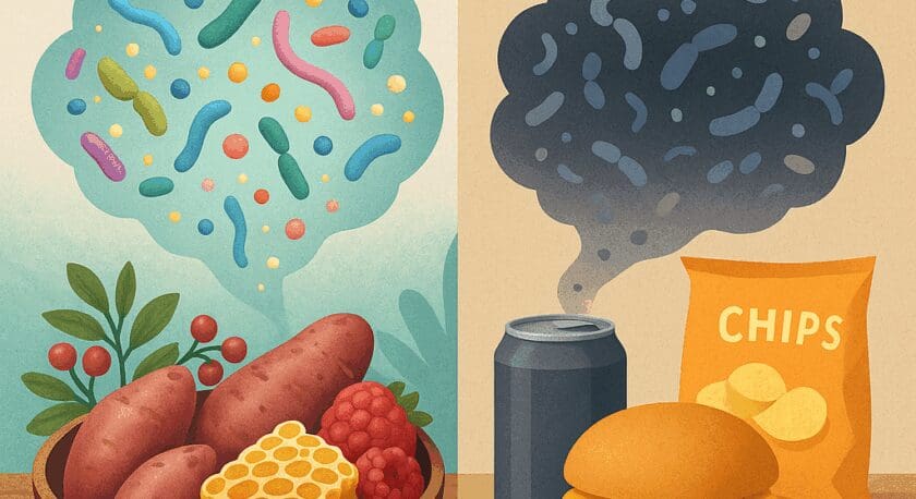 On the left side, a bowl contains various whole foods, including sweet potatoes, raspberries, honeycomb, and green leaves, with colorful, abstract shapes representing beneficial bacteria above it. On the right side, processed foods are displayed, including a hamburger with cheese, a can of soda, and a bag of chips, with dark, swirling shapes symbolizing unhealthy elements above. The text "Ancestral vs Industrial" is prominently featured at the top.