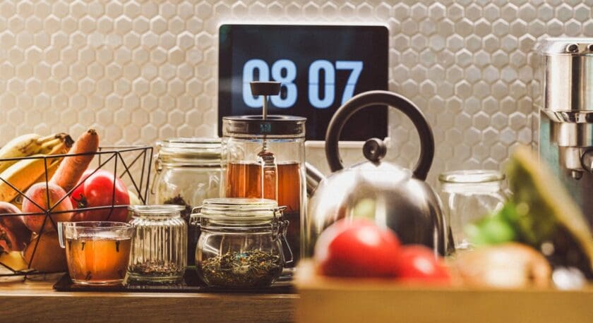 A wooden countertop is filled with various kitchen items. In the foreground, there are several jars containing different herbs and teas, along with a glass of amber liquid. A metallic kettle sits nearby, and a digital clock displaying "08:07" is visible in the background. A wire basket holds an assortment of fruits, including bananas, apples, and a carrot. The backdrop features a textured, hexagonal tile pattern.