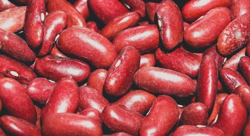 Close-up of numerous shiny red kidney beans tightly packed together.