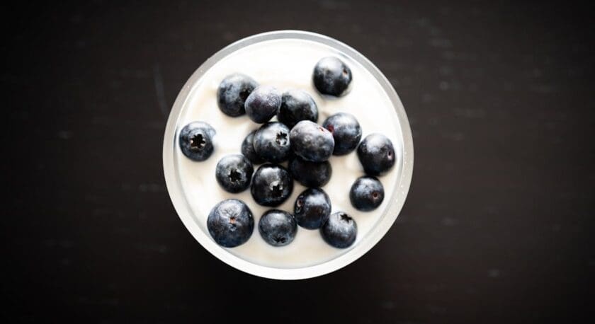 A top-down view of a glass filled with white yogurt topped with fresh blueberries, set against a dark background.